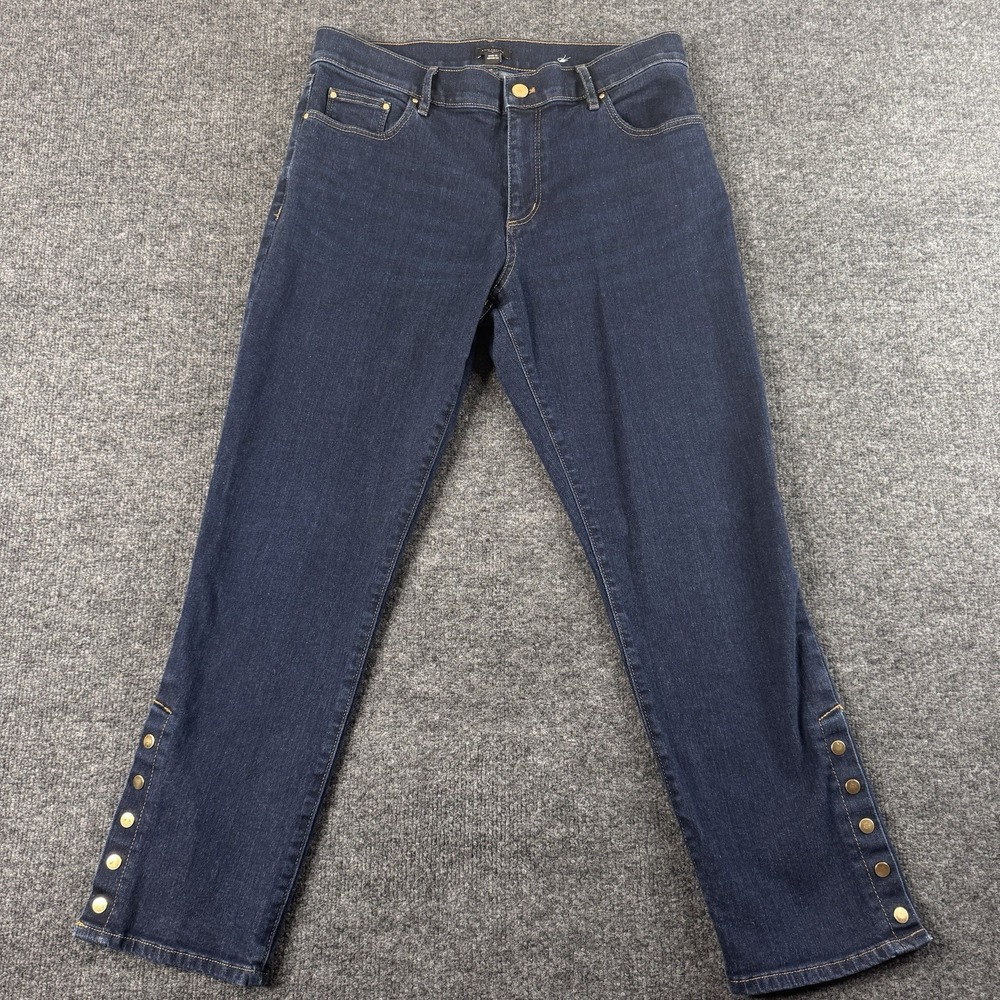 Ann Taylor Factory Straight Jeans Women's 8 Blue Dark Wash Snap Cuff Accents EUC